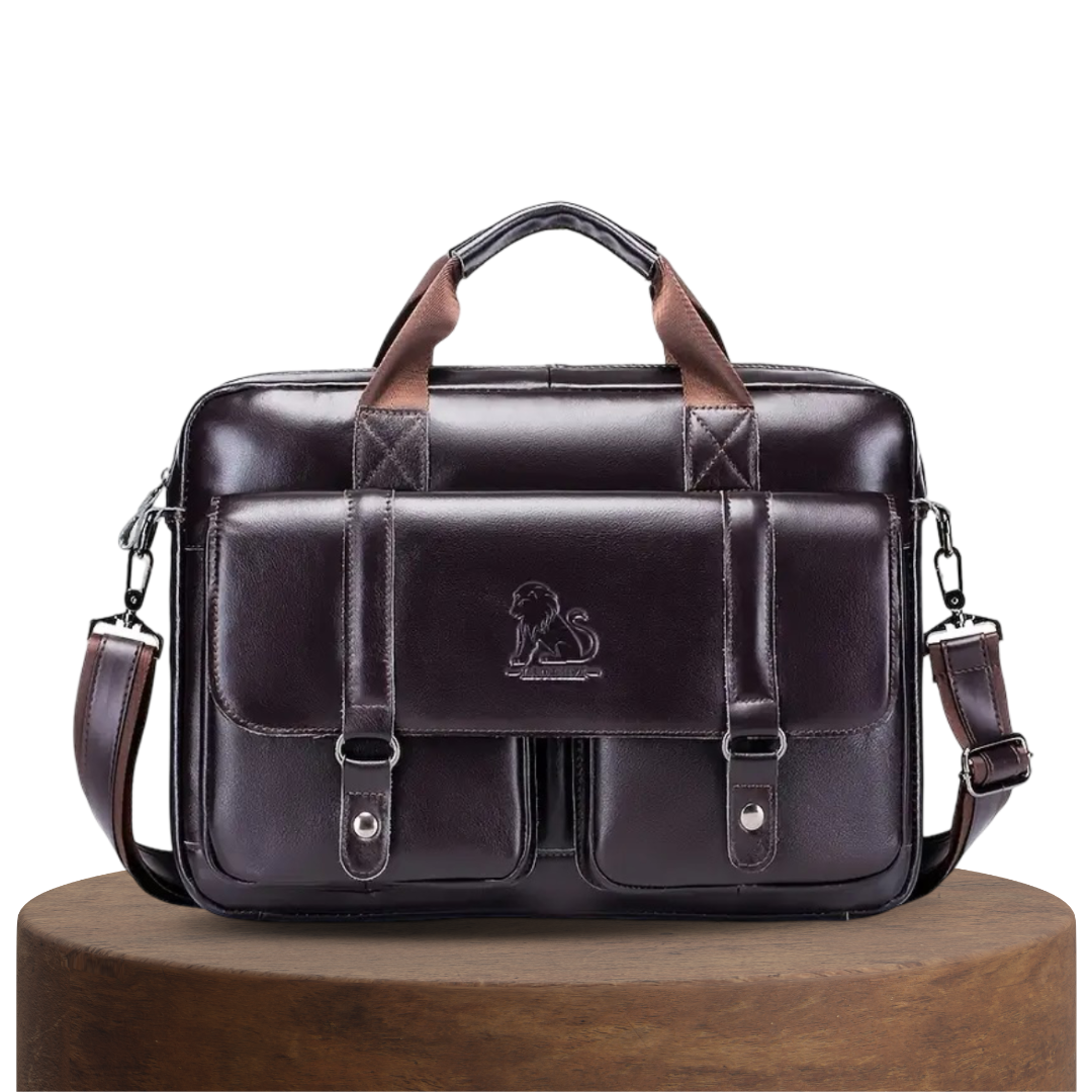 Sterling | Polished Leather Briefcase with Front Buckle Pockets