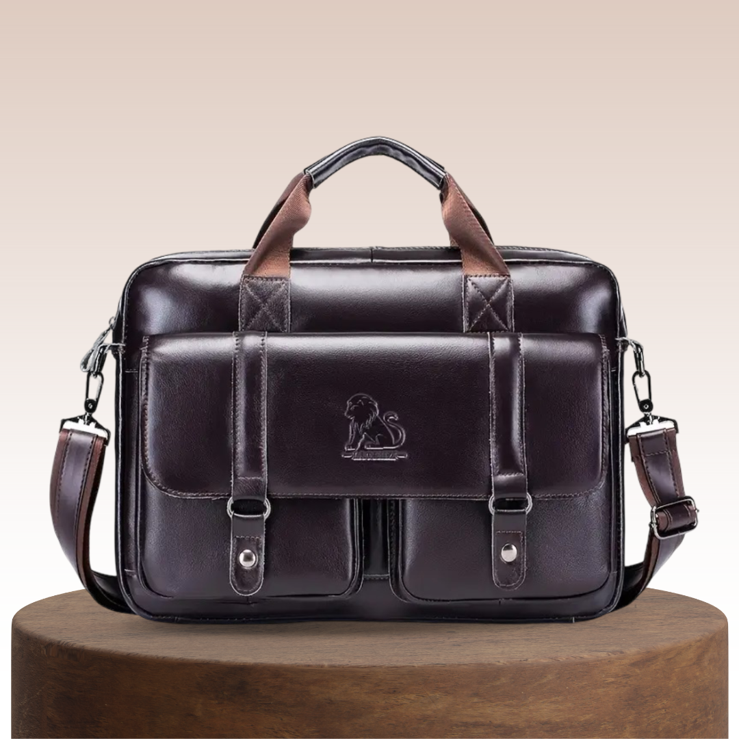 Sterling | Polished Leather Briefcase with Front Buckle Pockets