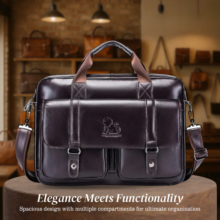 Sterling | Polished Leather Briefcase with Front Buckle Pockets