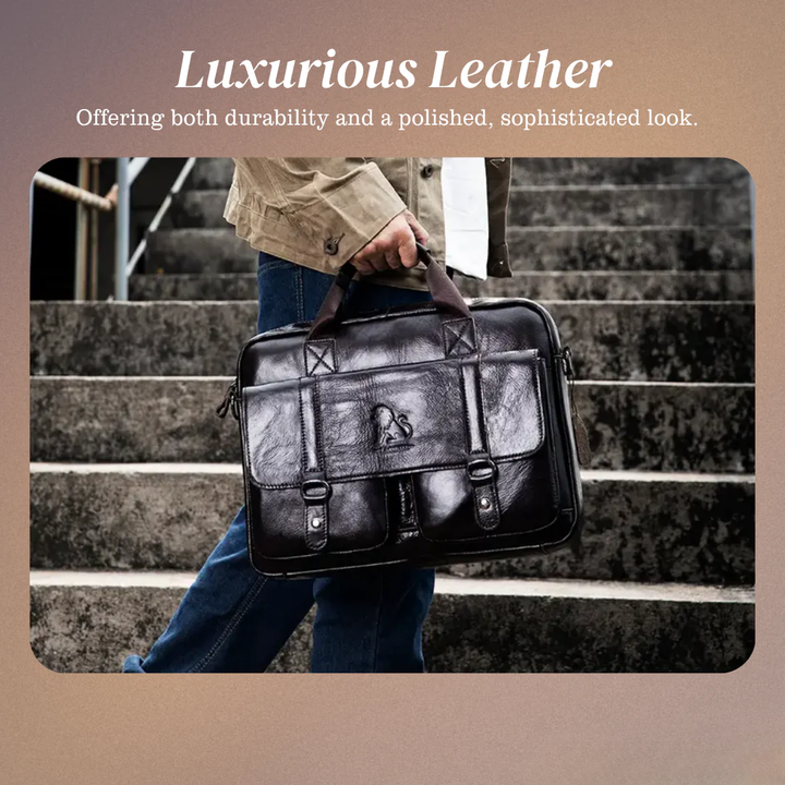 Sterling | Polished Leather Briefcase with Front Buckle Pockets