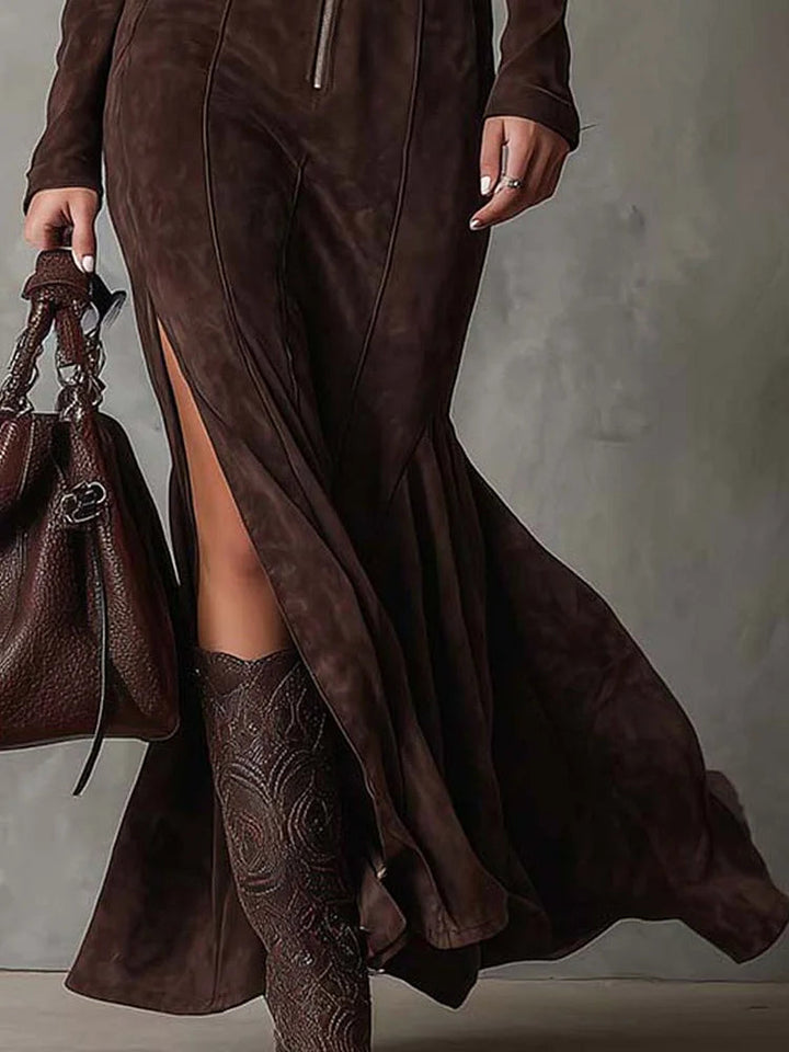 Cataina™ | Long vintage brown dress with belt