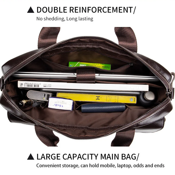 Sterling | Polished Leather Briefcase with Front Buckle Pockets