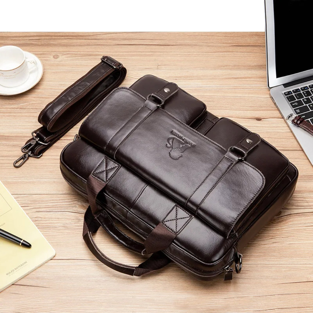 Sterling | Polished Leather Briefcase with Front Buckle Pockets