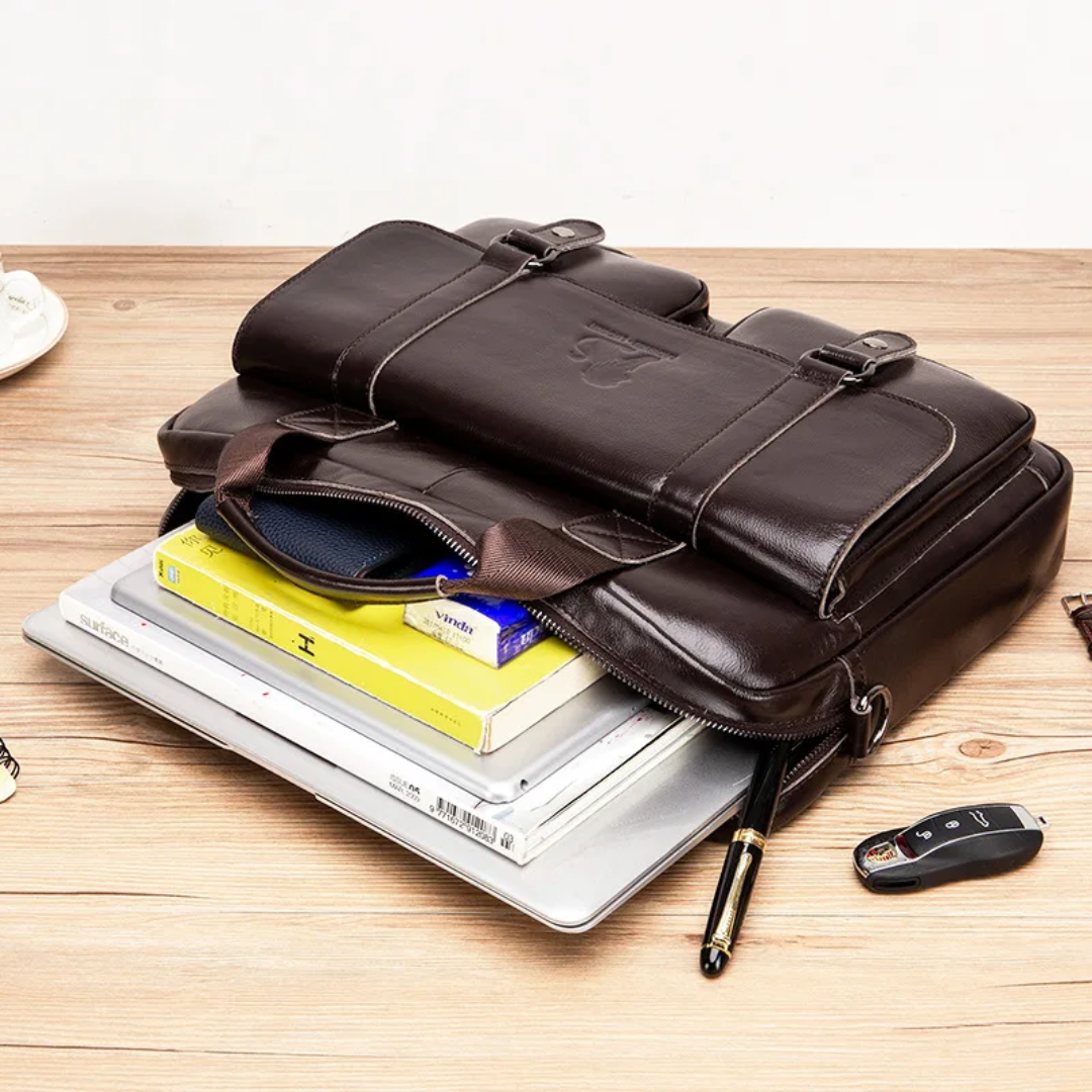 Sterling | Polished Leather Briefcase with Front Buckle Pockets