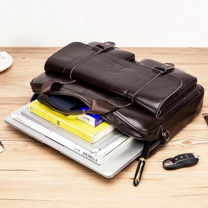 Sterling | Polished Leather Briefcase with Front Buckle Pockets