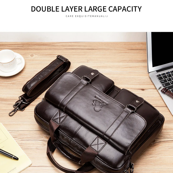 Sterling | Polished Leather Briefcase with Front Buckle Pockets