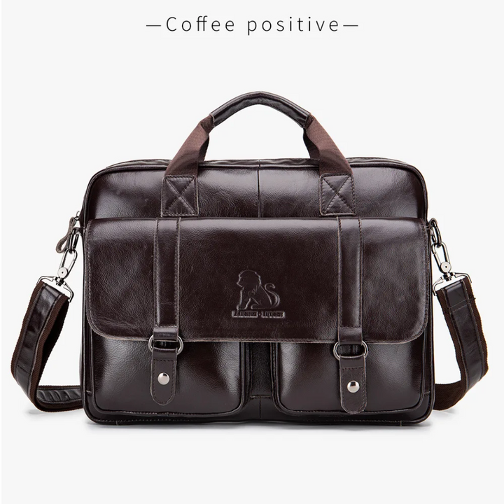 Sterling | Polished Leather Briefcase with Front Buckle Pockets