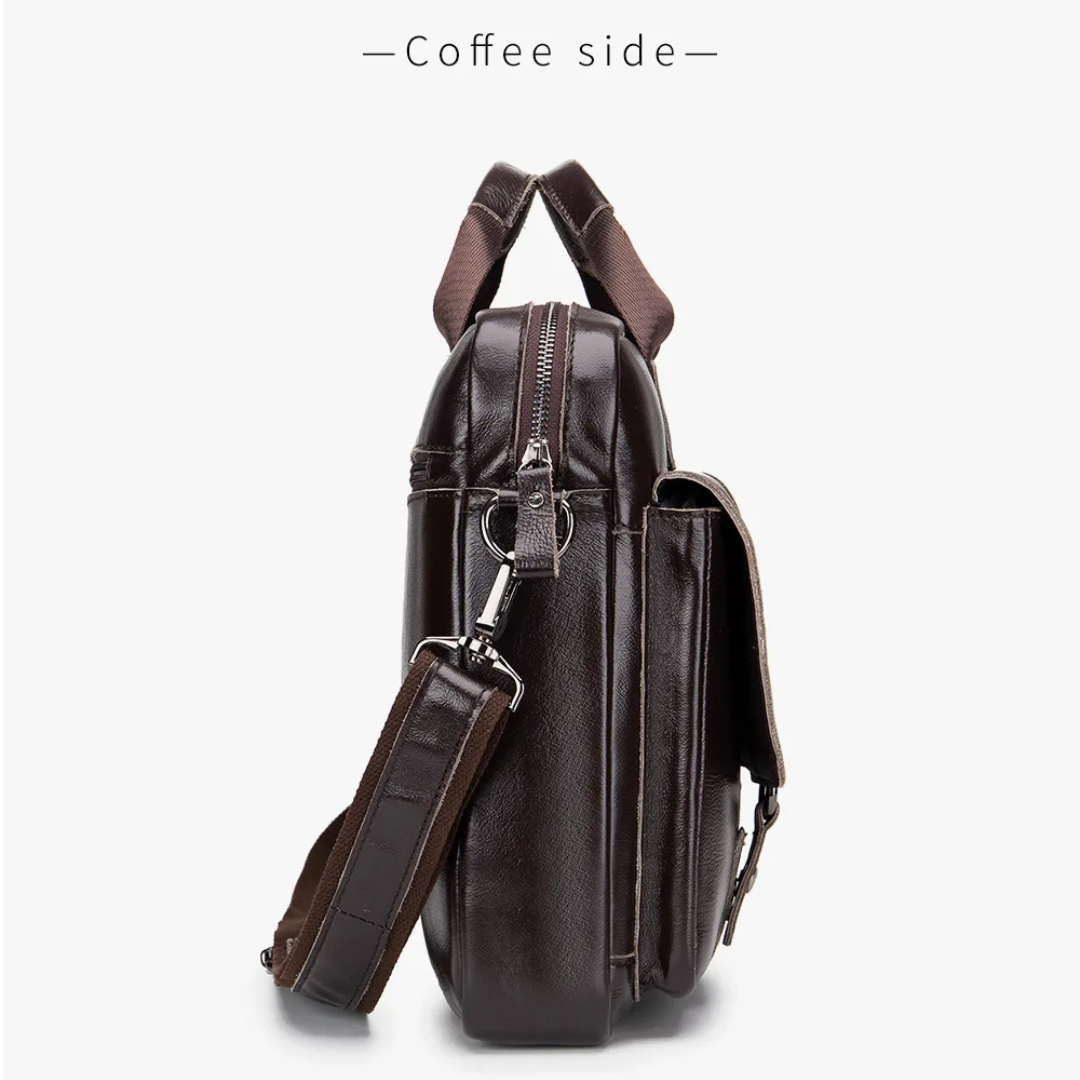 Sterling | Polished Leather Briefcase with Front Buckle Pockets