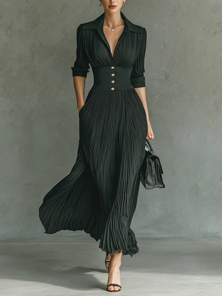 Martina | Elegant long sleeve dress with pleated lapel and high waist