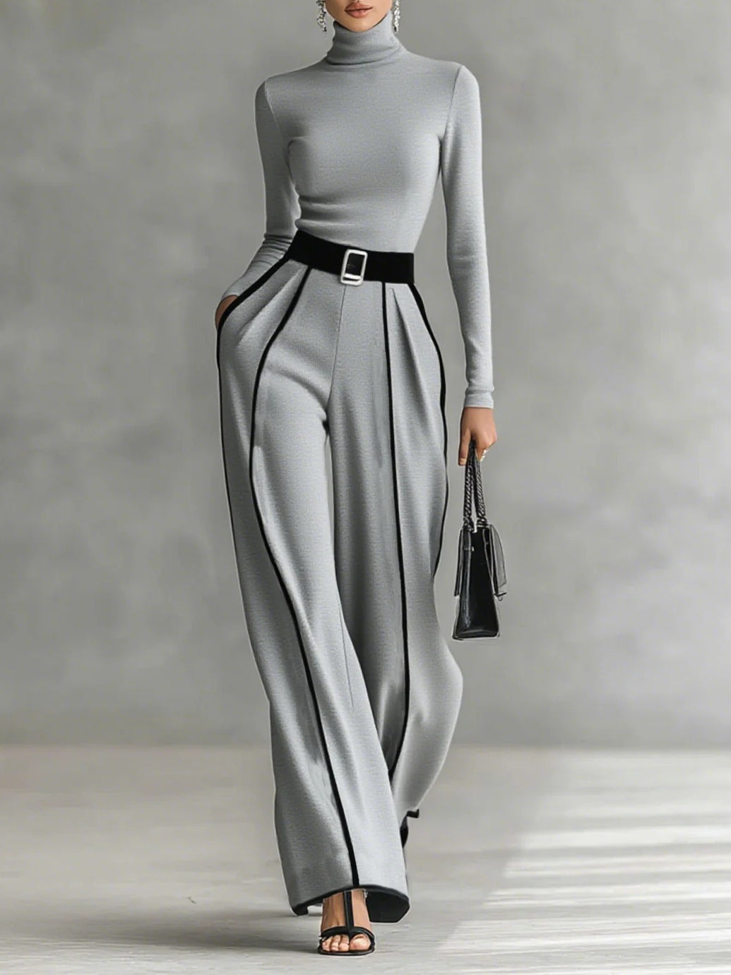 Carla | Long Sleeve High Neck Top Set with White Trim, Wide Leg Pants, and Belt