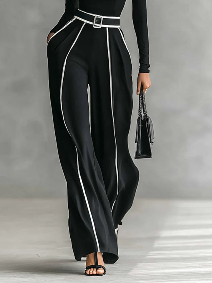 Carla | Long Sleeve High Neck Top Set with White Trim, Wide Leg Pants, and Belt