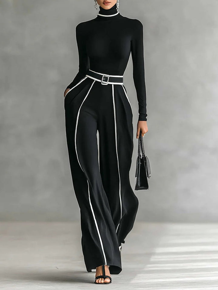 Carla | Long Sleeve High Neck Top Set with White Trim, Wide Leg Pants, and Belt