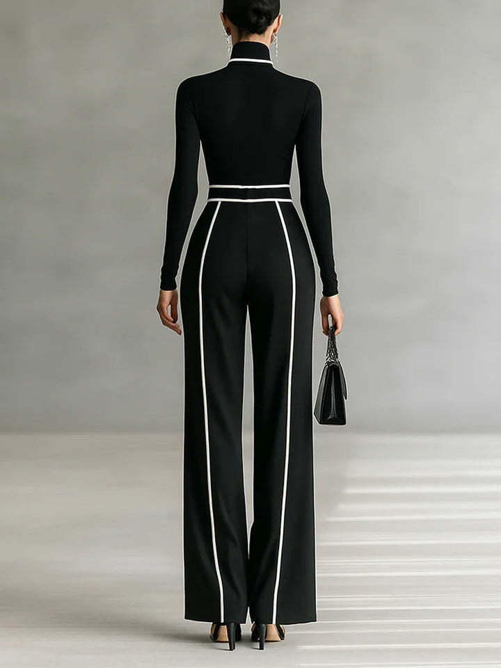 Carla | Long Sleeve High Neck Top Set with White Trim, Wide Leg Pants, and Belt