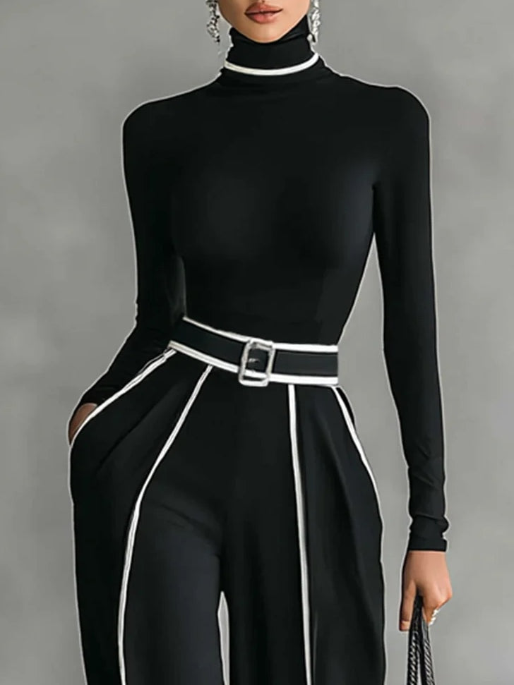 Carla | Long Sleeve High Neck Top Set with White Trim, Wide Leg Pants, and Belt