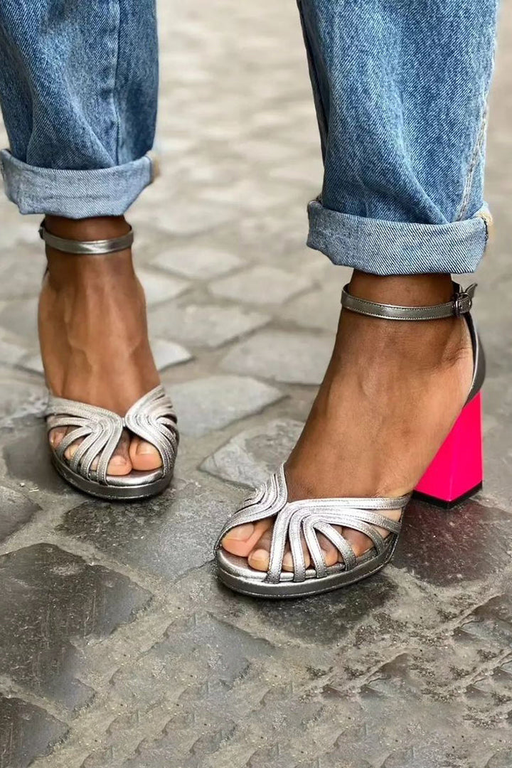 Seraphina  | Shiny Sandals with Thick Heel and Elegant Buckle