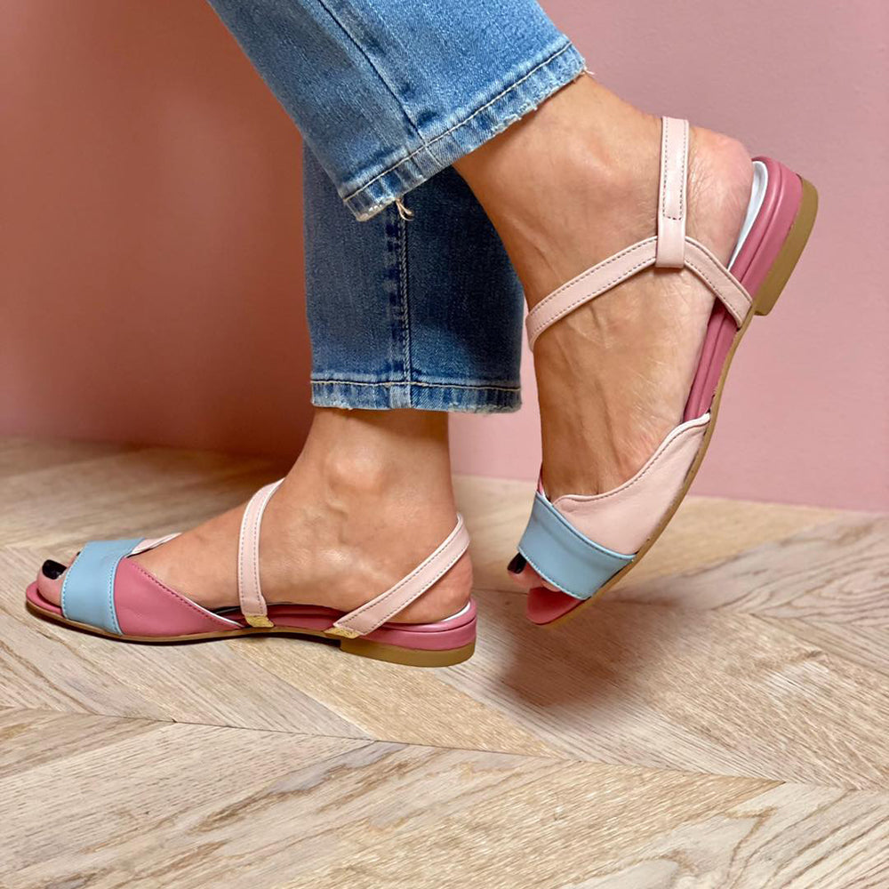 Roselina | Asymmetric pink sandals in color block style