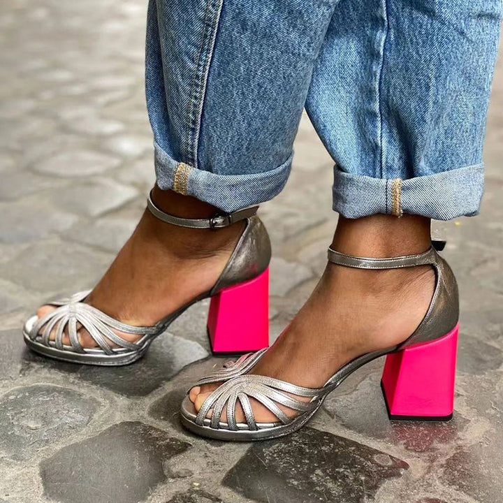 Seraphina  | Shiny Sandals with Thick Heel and Elegant Buckle