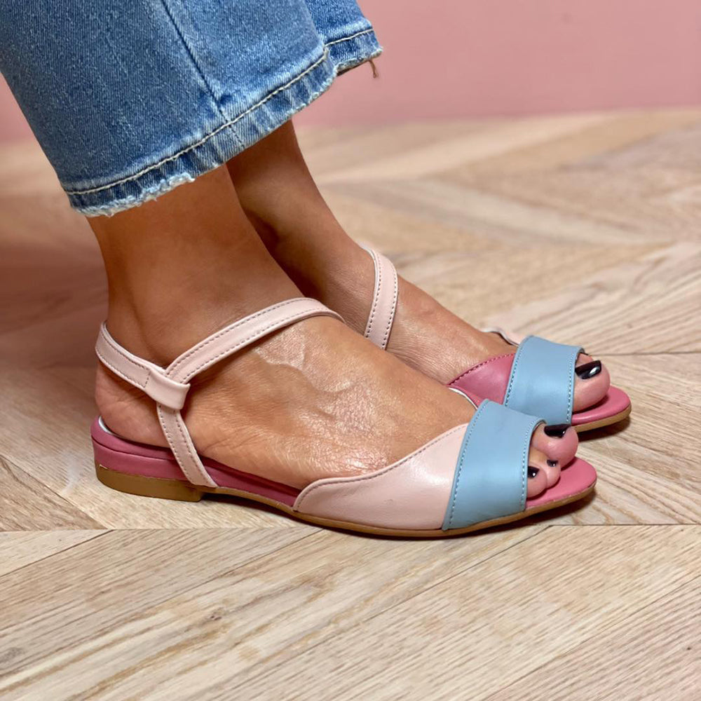 Roselina | Asymmetric pink sandals in color block style